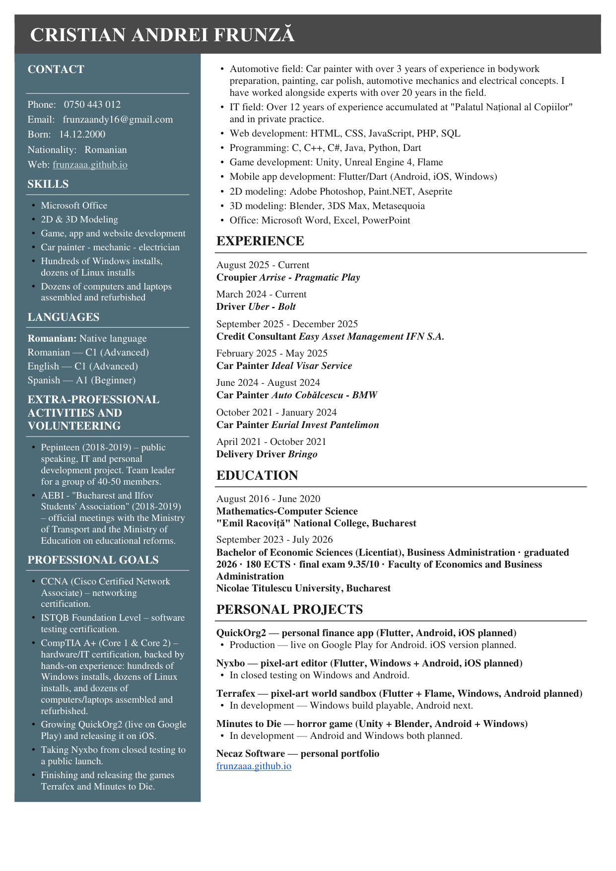 Cristian Andrei Frunză - Curriculum Vitae (English)