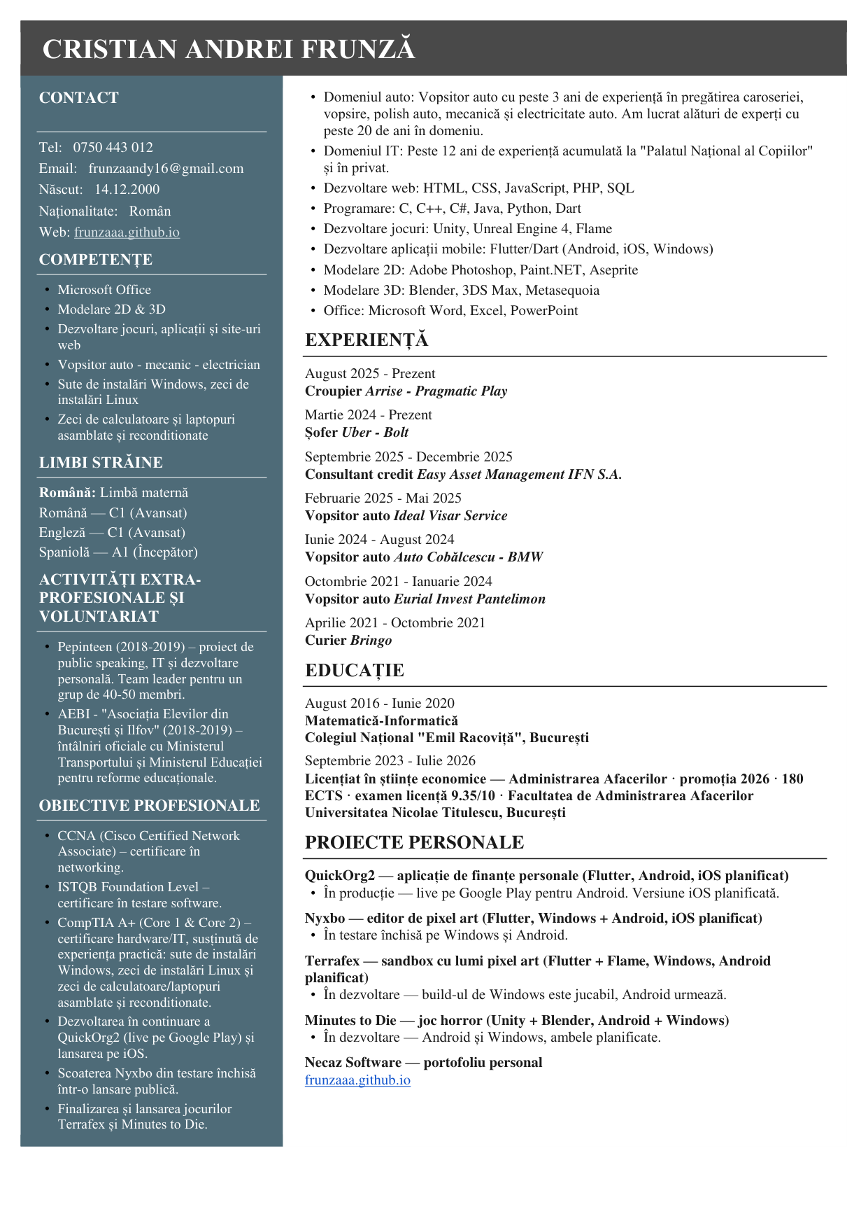 Cristian Andrei Frunză - Curriculum Vitae (Română)