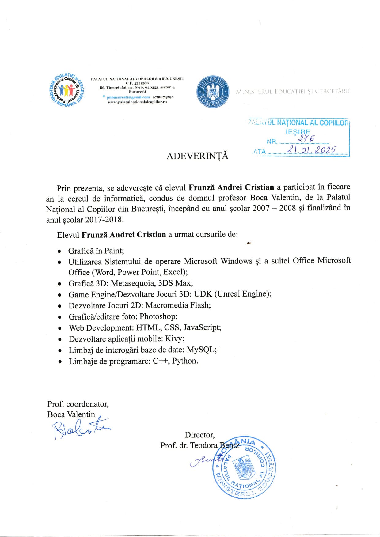 Participation certificate from Palatul Național al Copiilor